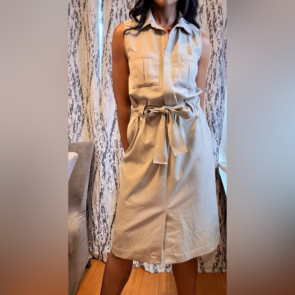 Sleeveless Beige Belted Dress - Picture 3 of 6